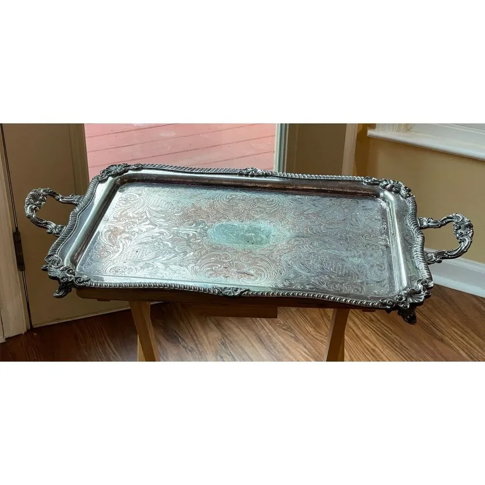 Vintage  Serving Tray on silver on Copper with Ornate Floral Engraving & Handles